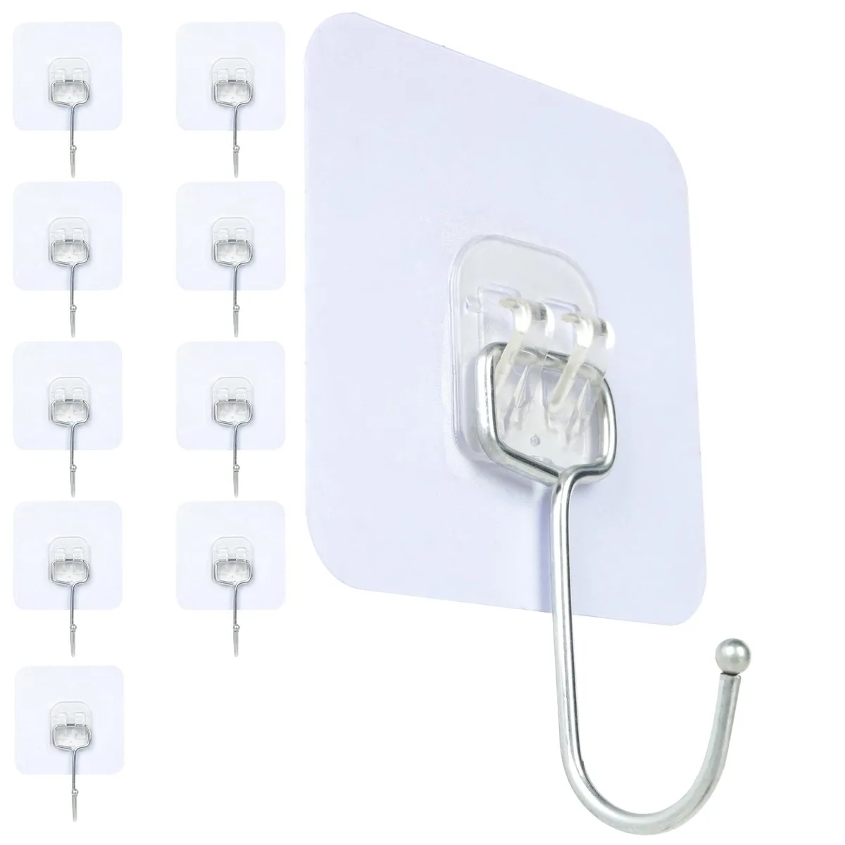 Ten transparent adhesive hooks in a pack