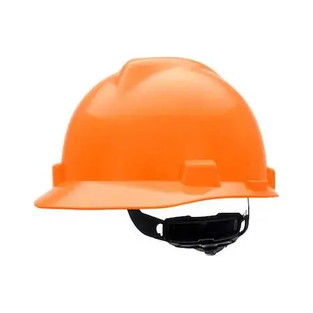 Orange polyethylene hard hat with front brim and four-point ratchet suspension