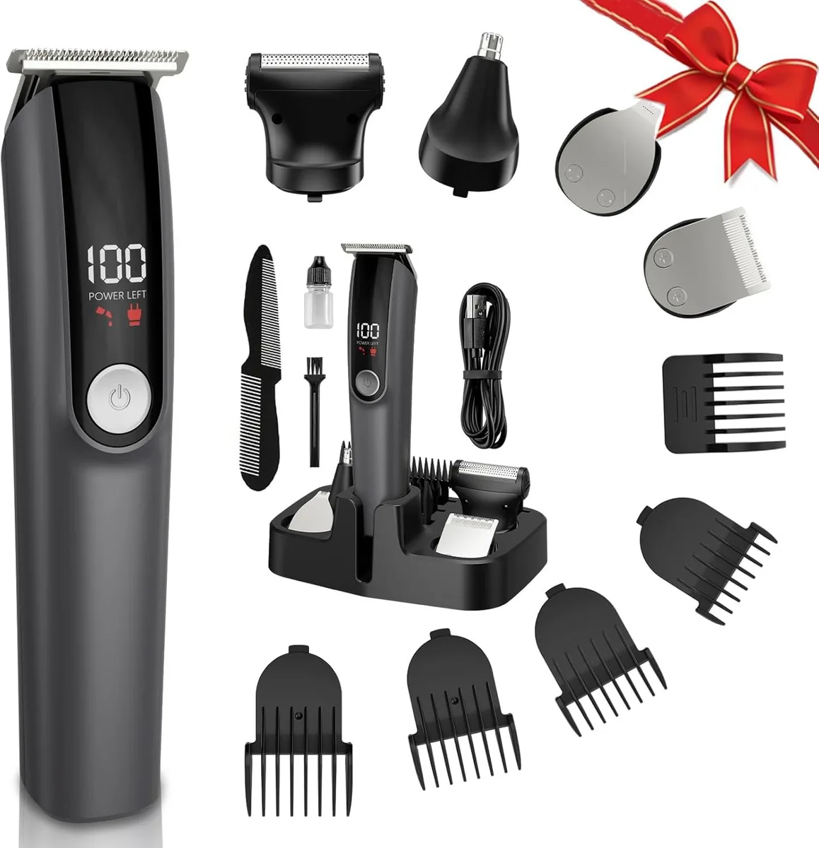 Black cordless beard trimmer with five interchangeable heads and LED display