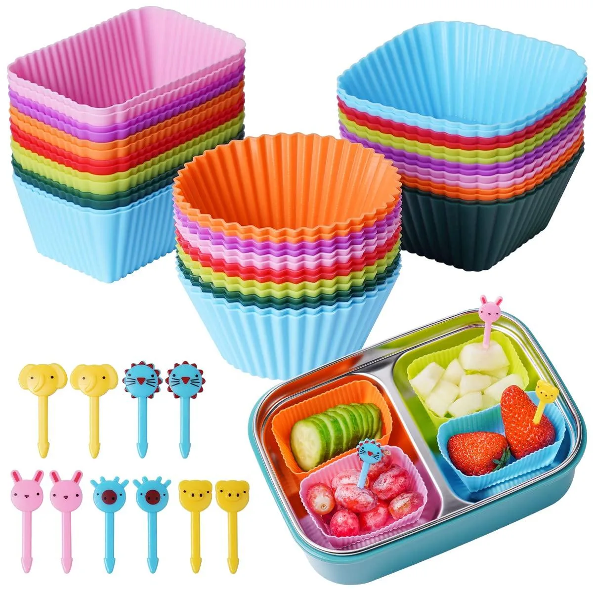 Set of colourful silicone divider cups and animal food picks in various shapes