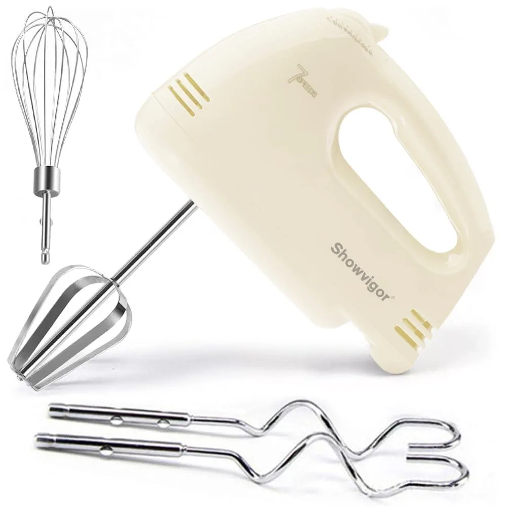 Beige handheld electric mixer with five stainless steel attachments