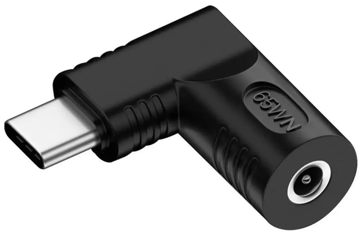 Black right-angled adapter with 3.5x1.3mm DC jack to USB-C plug
