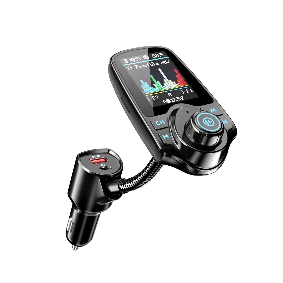 Scosche KM18 Upgraded 1.8" Color Screen 48W Bluetooth 5.4 Car Adapter PD 30W QC 3.0 18W Black — product photo