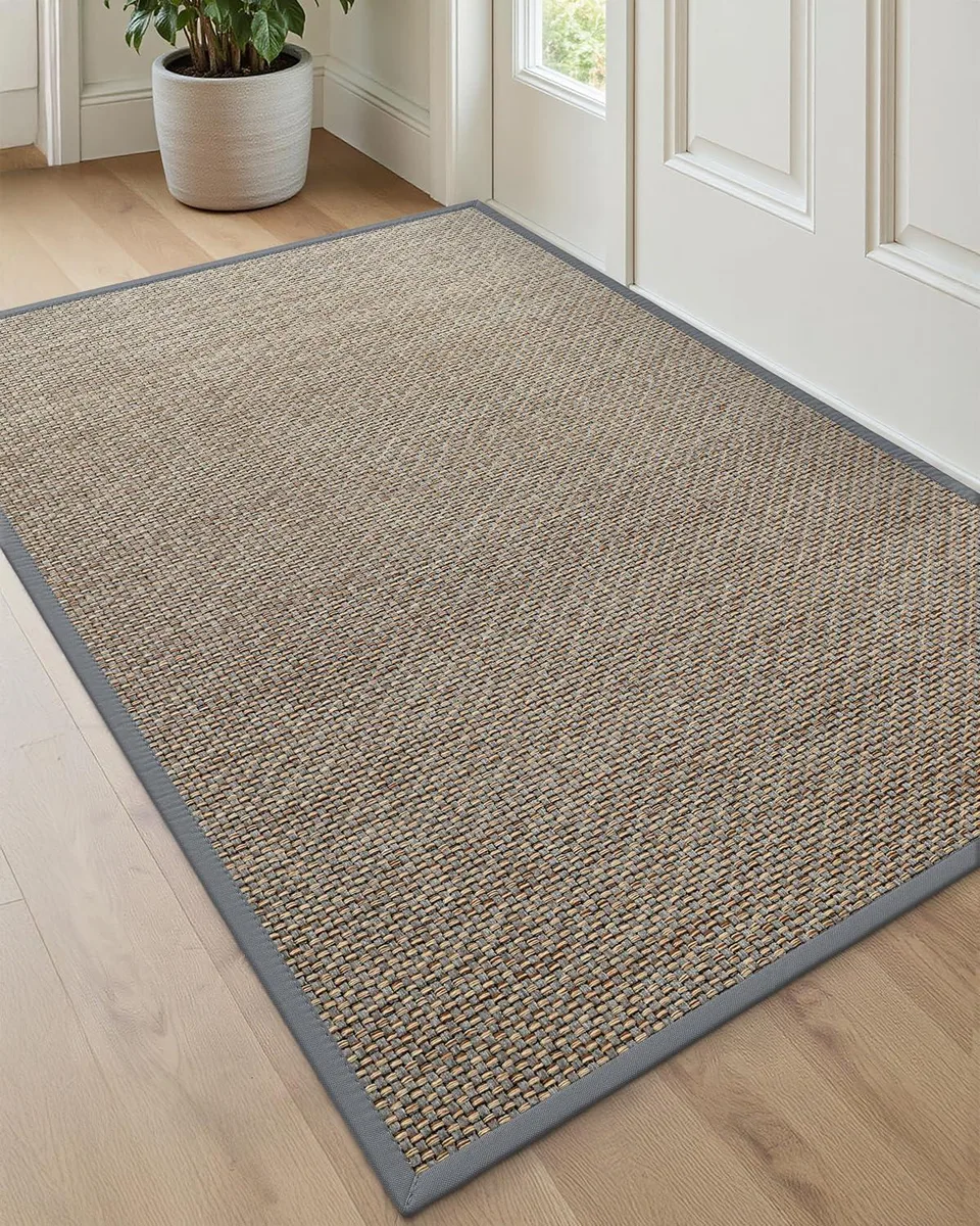 Grey bamboo striped door mat, low profile rubber backing, 36 by 56 inches