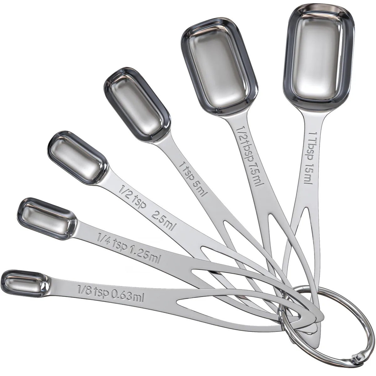 Six narrow stainless steel measuring spoons on a ring, long handles, rectangular bowls