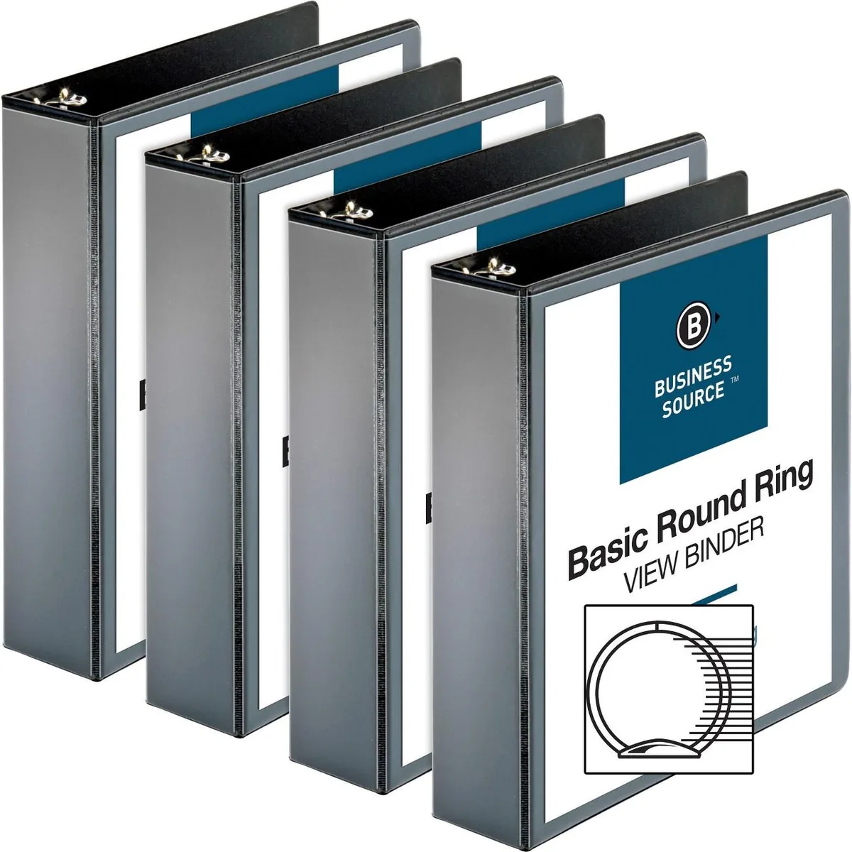 Four black polypropylene binders with clear overlay covers and round rings