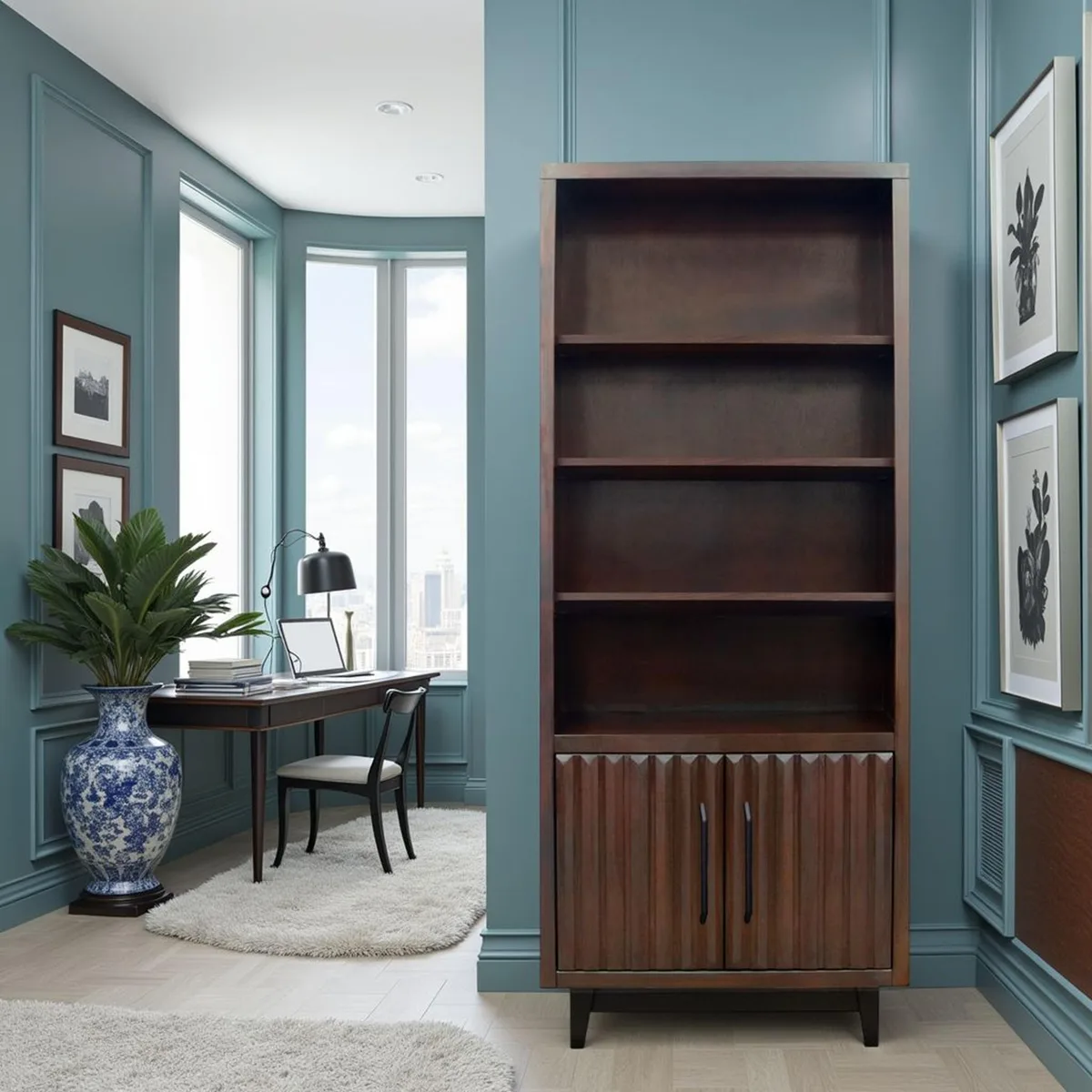Light oak and white linen cabinet with single door and open shelves