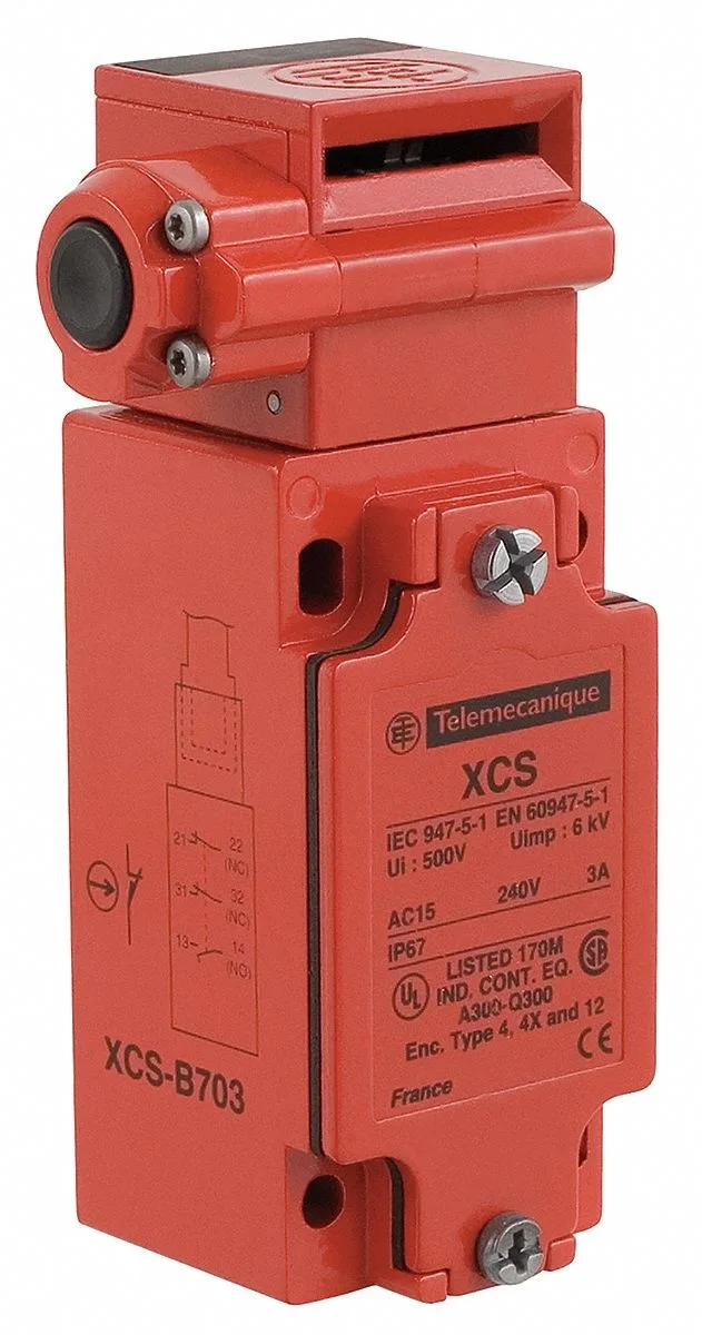 Rectangular metal safety interlock switch with push-button release and conduit entry