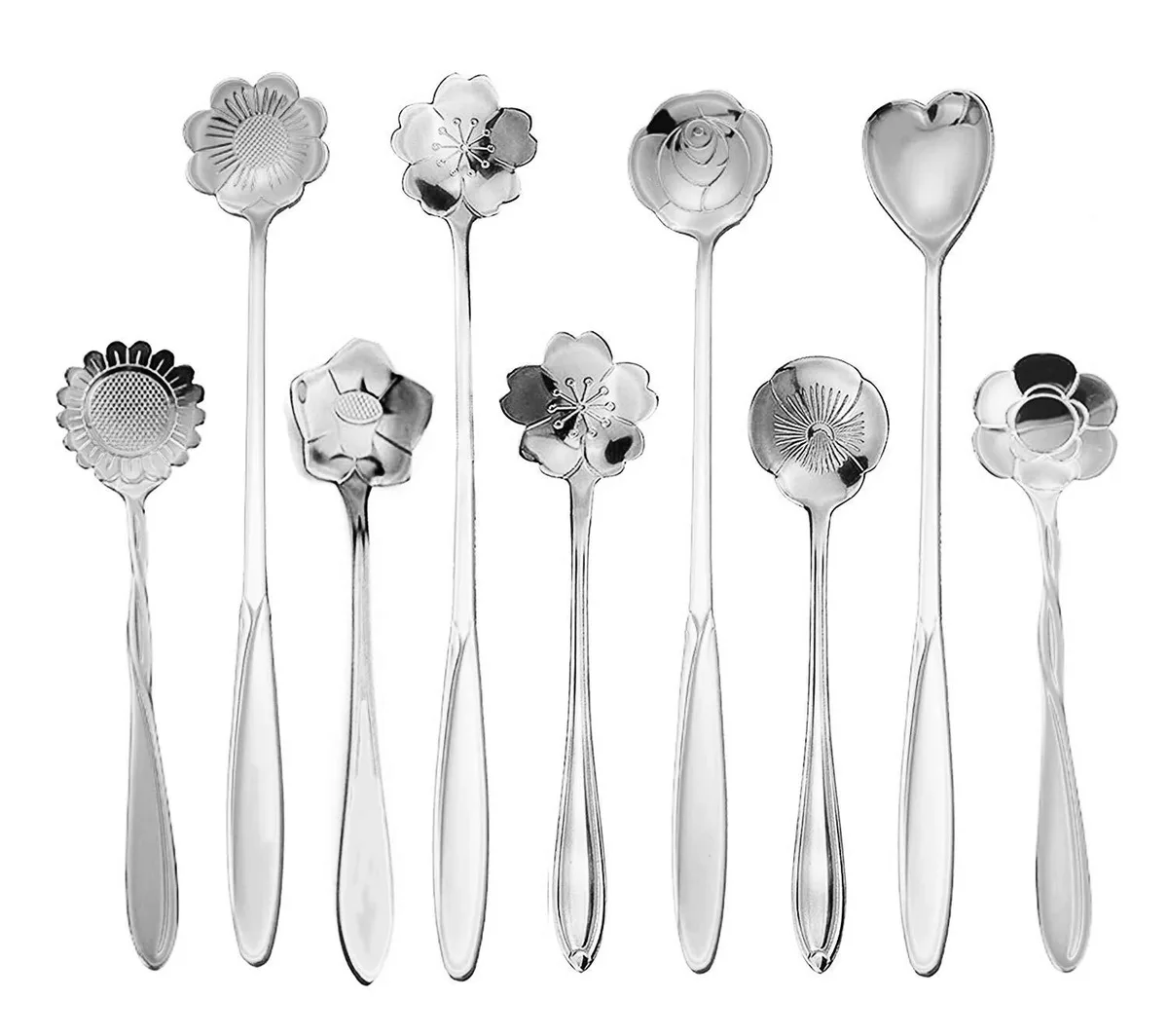 Nine silver stainless steel teaspoons with flower-patterned handles in a set