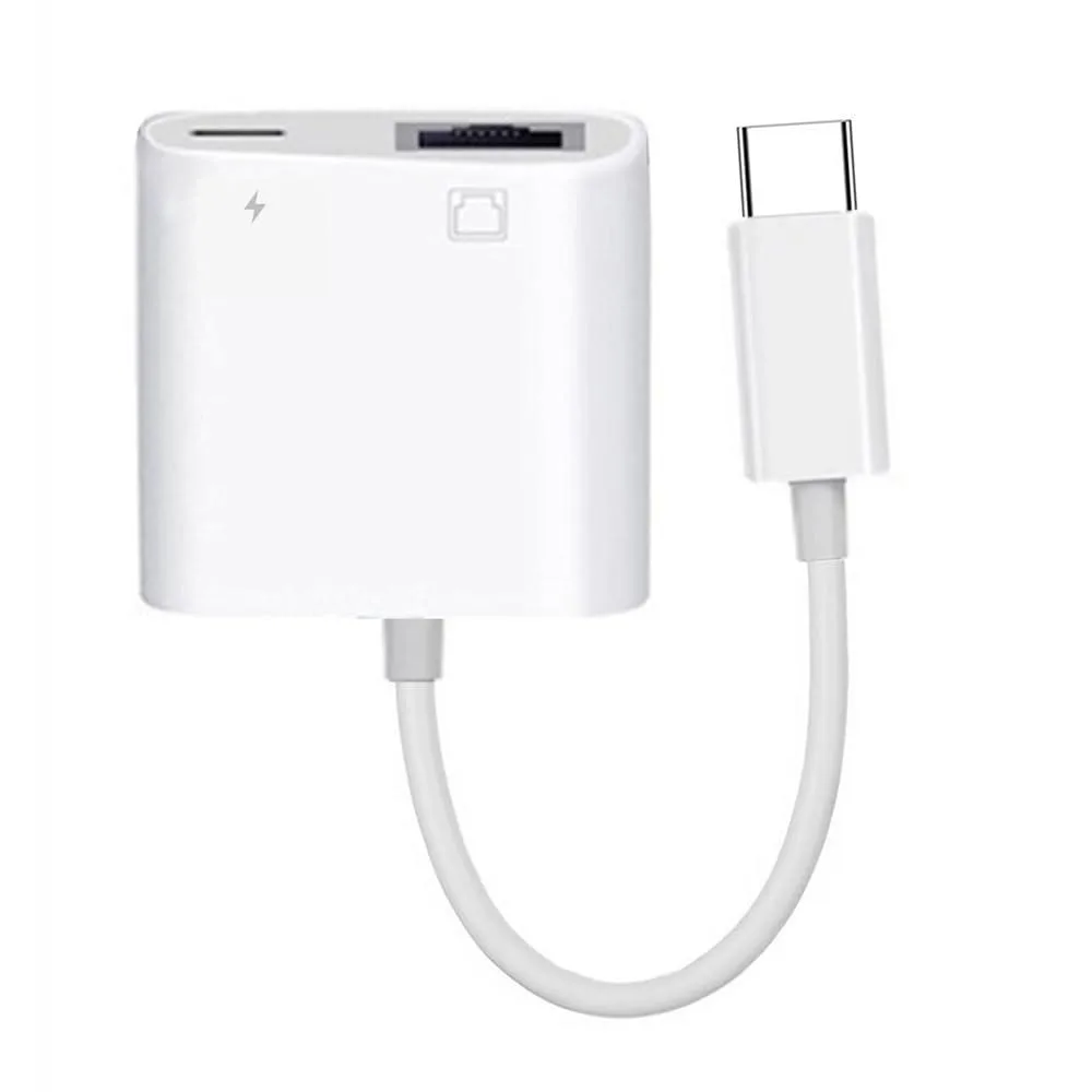 Compact white USB-C adapter with RJ45 port and USB-C pass-through charging port