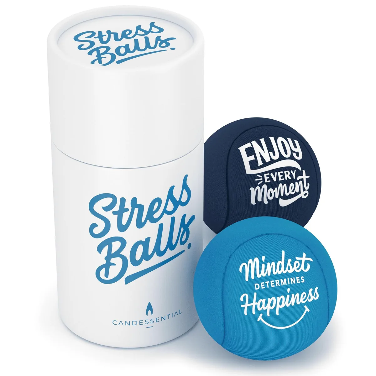 Two black TPR gel stress balls with inspirational quotes