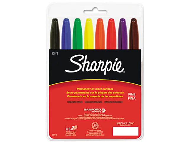 Eight Sharpie fine-point permanent markers in assorted colours, pen-style barrels with colour-matched caps