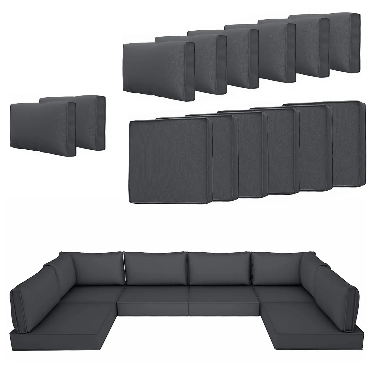 Fourteen deep grey cushion covers stacked flat showing zippered edges and piping detail