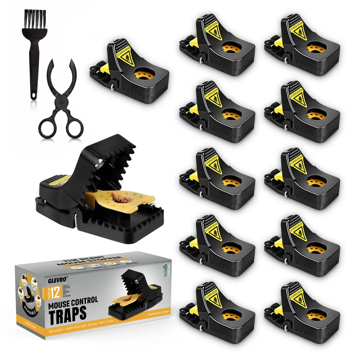 Twelve plastic snap traps in a rectangular box