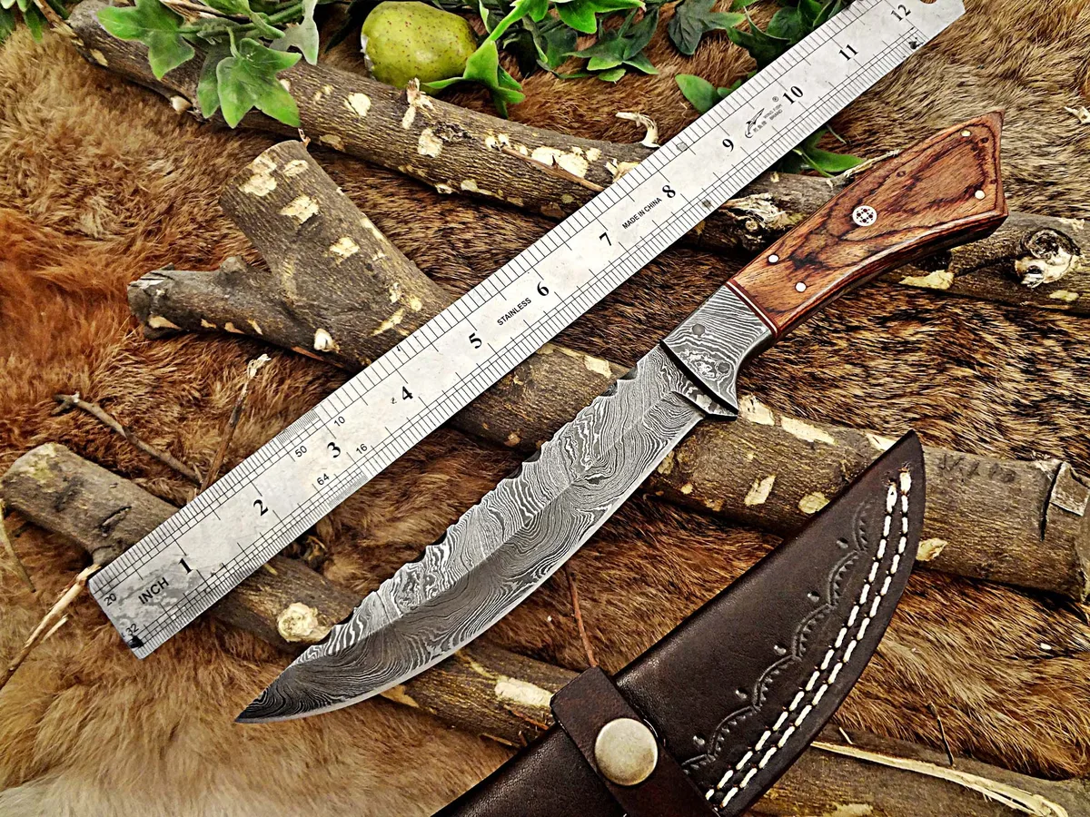 Damascus Depot Damascus Depot 11" Skinning Knife 6.5" Blade Rosewood Brass 200 Layer 56-58 HRC — product photo