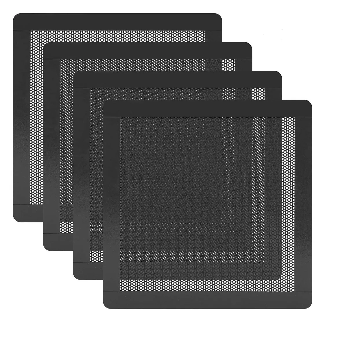 Four square black magnetic mesh filters in a pack