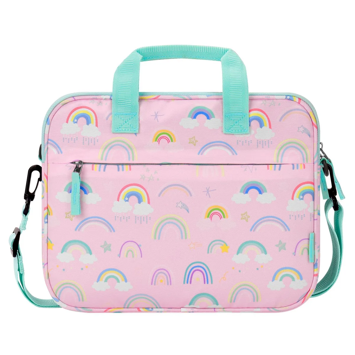 Rainbow pink crossbody tablet bag with top handle and adjustable shoulder strap