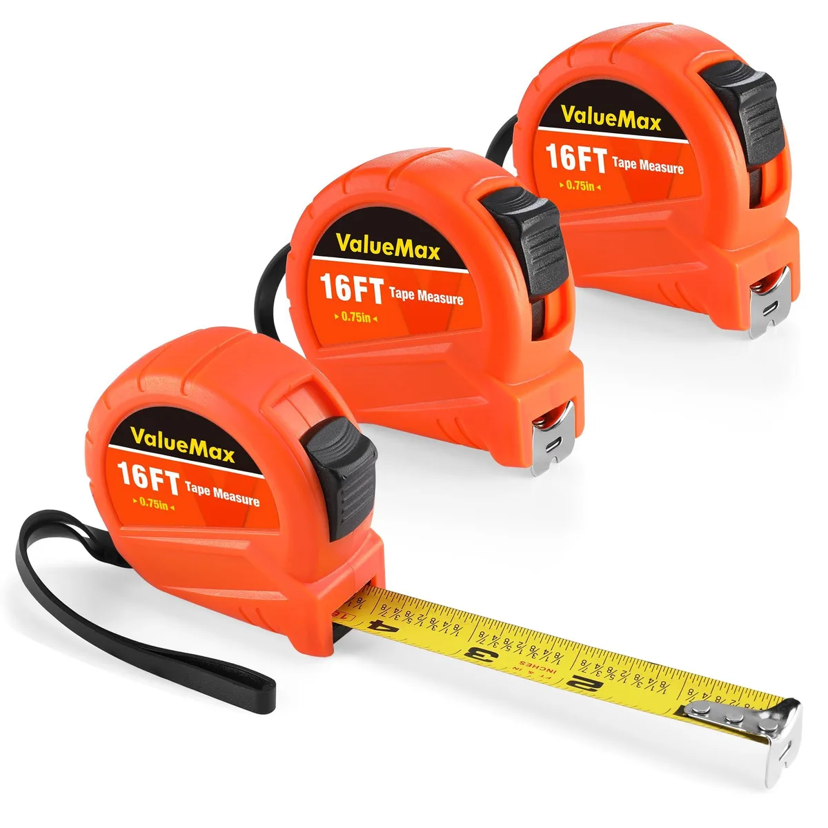 Three yellow tape measures with metal belt clips and lanyards
