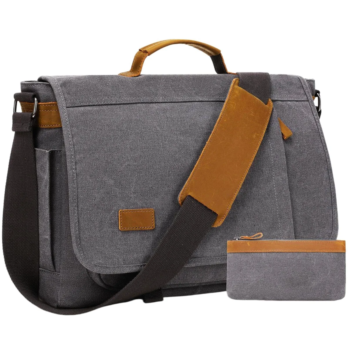 Grey canvas messenger bag with brown leather accents, shown with matching small pouch