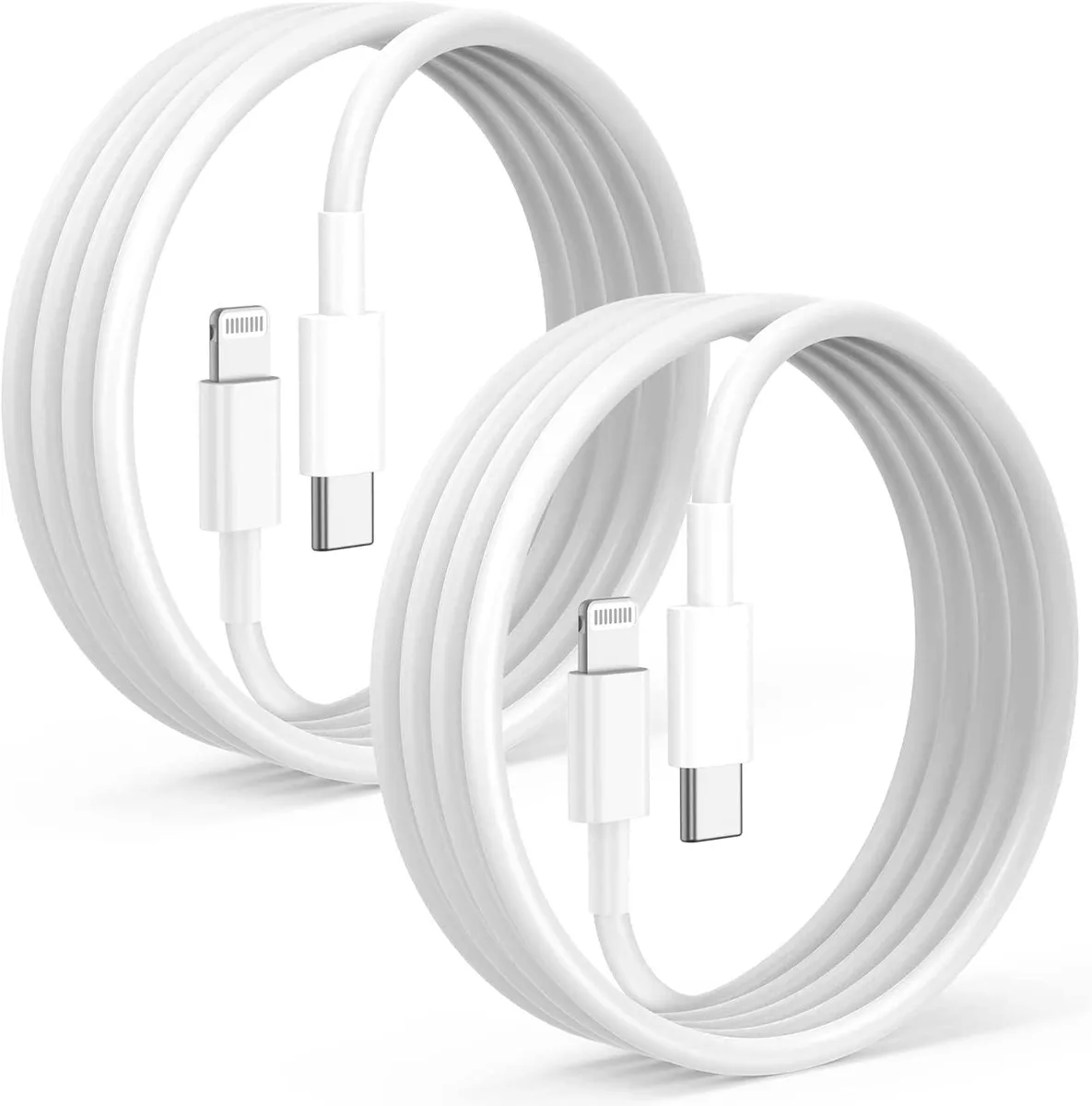 Two white six-foot USB-C to Lightning cables with rubber strain relief