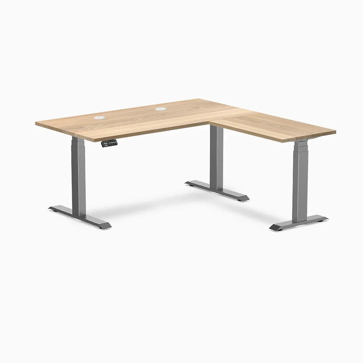 Desky Desky Hardwood L-Shape Sit Stand Desk White Ash Space Gray 60 x 30 x 62 x 20 in with Grommets — product photo