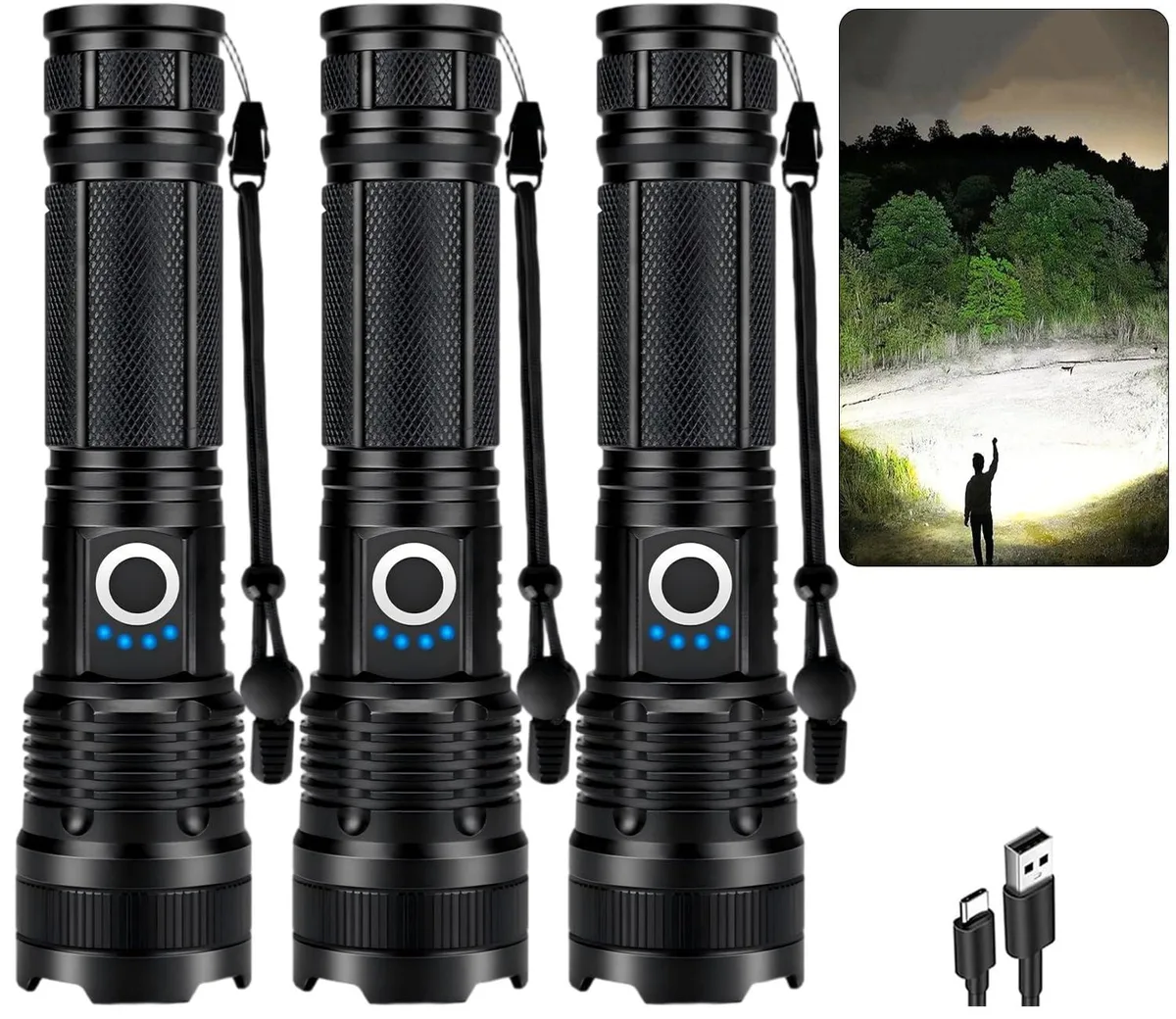 Three compact aluminium flashlights with textured grip and adjustable heads shown in a gift box