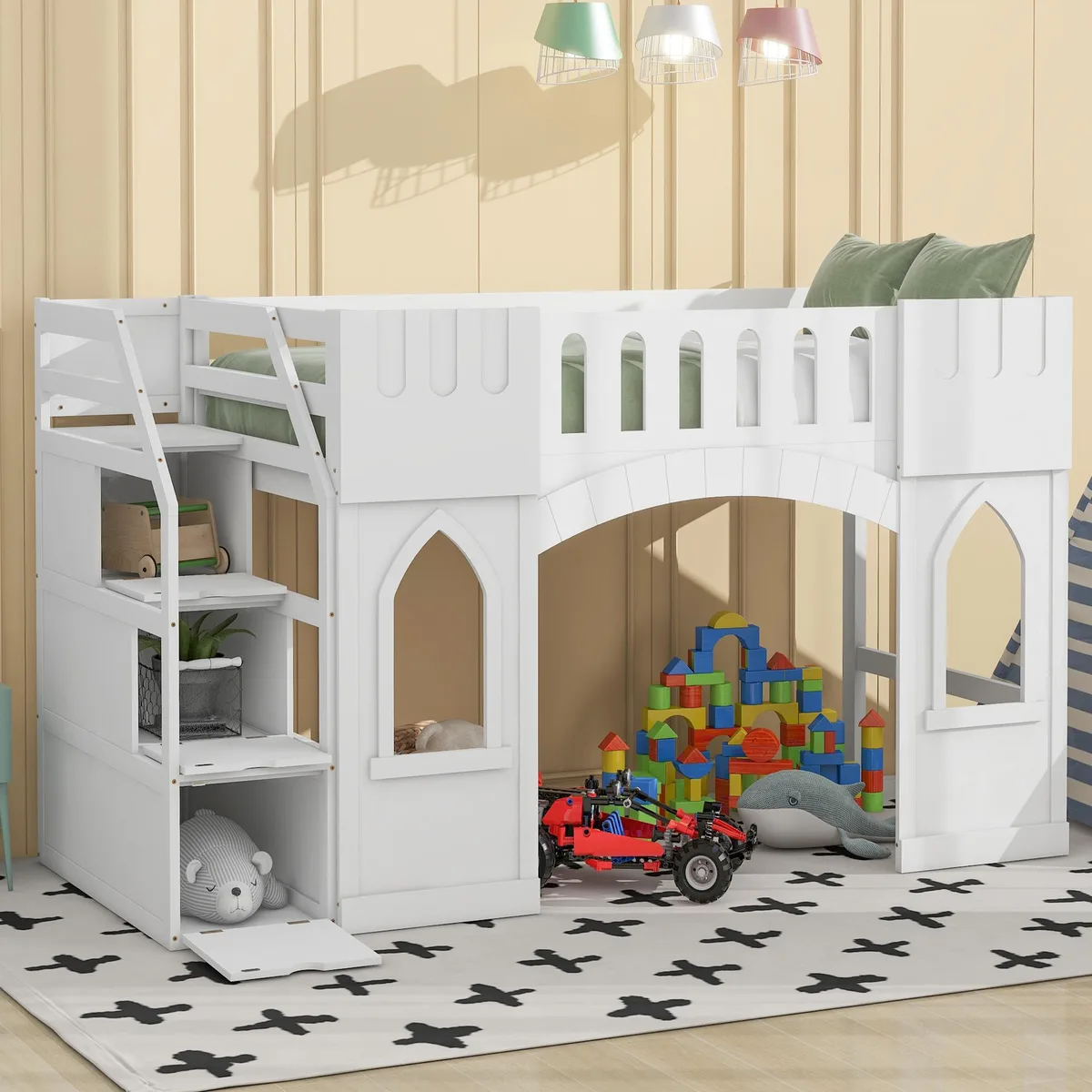 tuphen tuphen Twin Loft Bed with Storage Staircase and Window, White — product photo