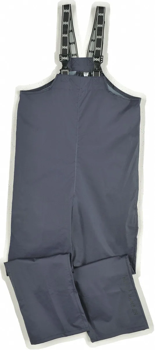 Navy blue polyester rain bib overall with straight cuffs, 35 inch inseam, 44 inch waist, insulated lining