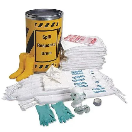 Yellow lockable 30 gal drum spill kit with absorbents PPE and handbook