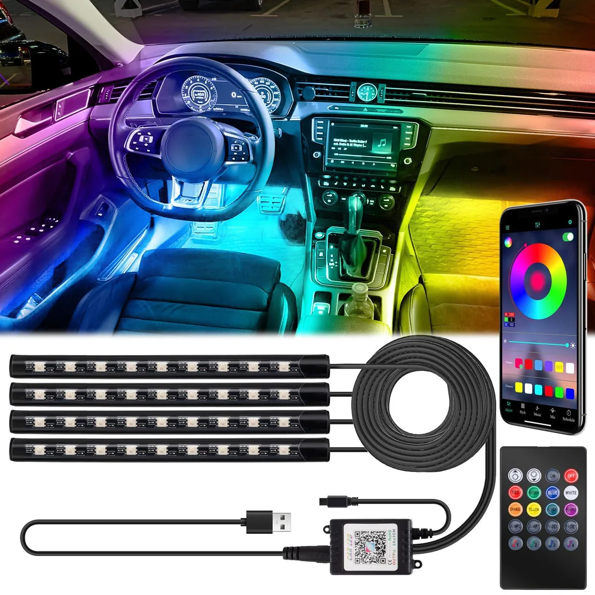  Car Interior LED Strip Lights 36LED USB App Remote — product photo