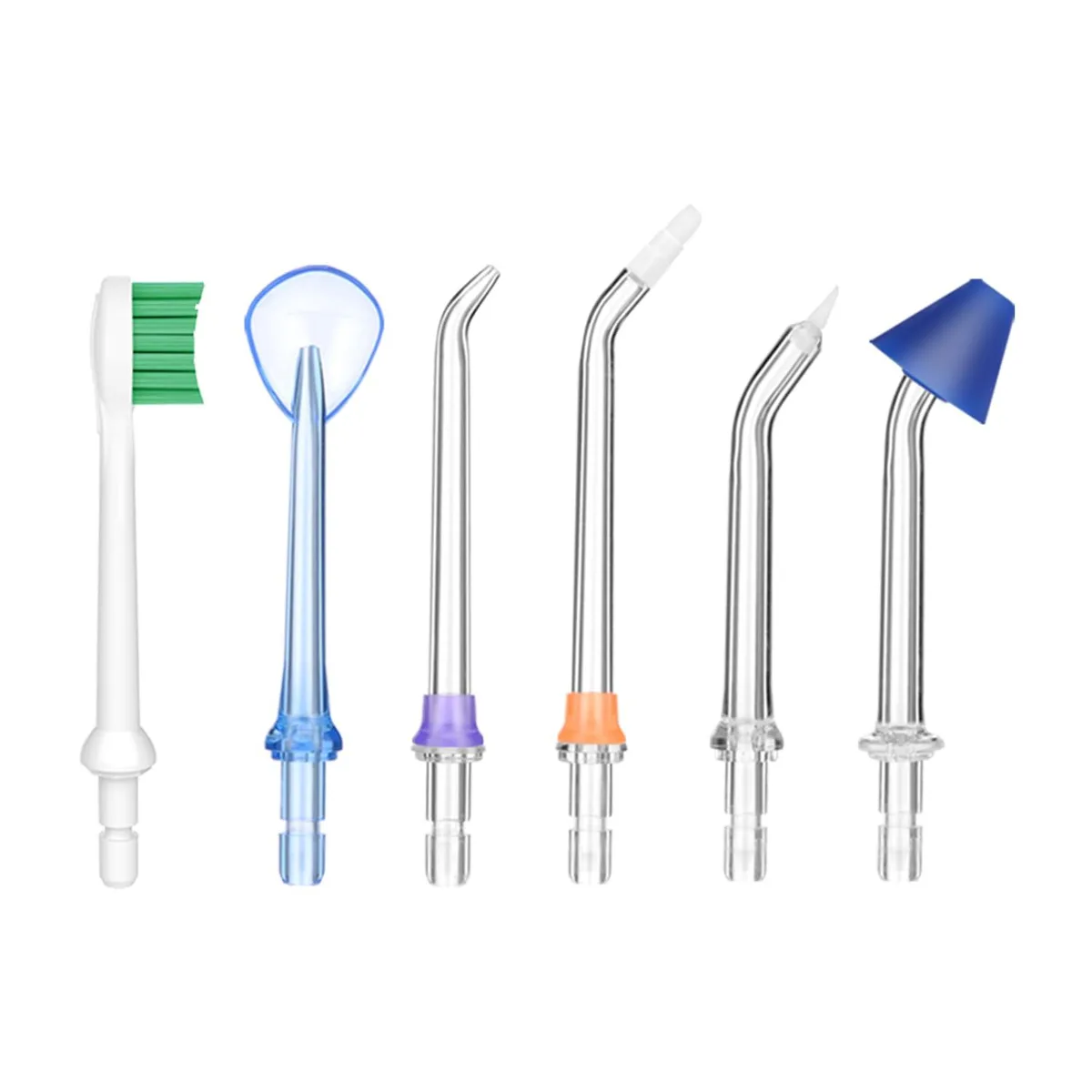 Six multicolor water flosser tips in clear blister packaging