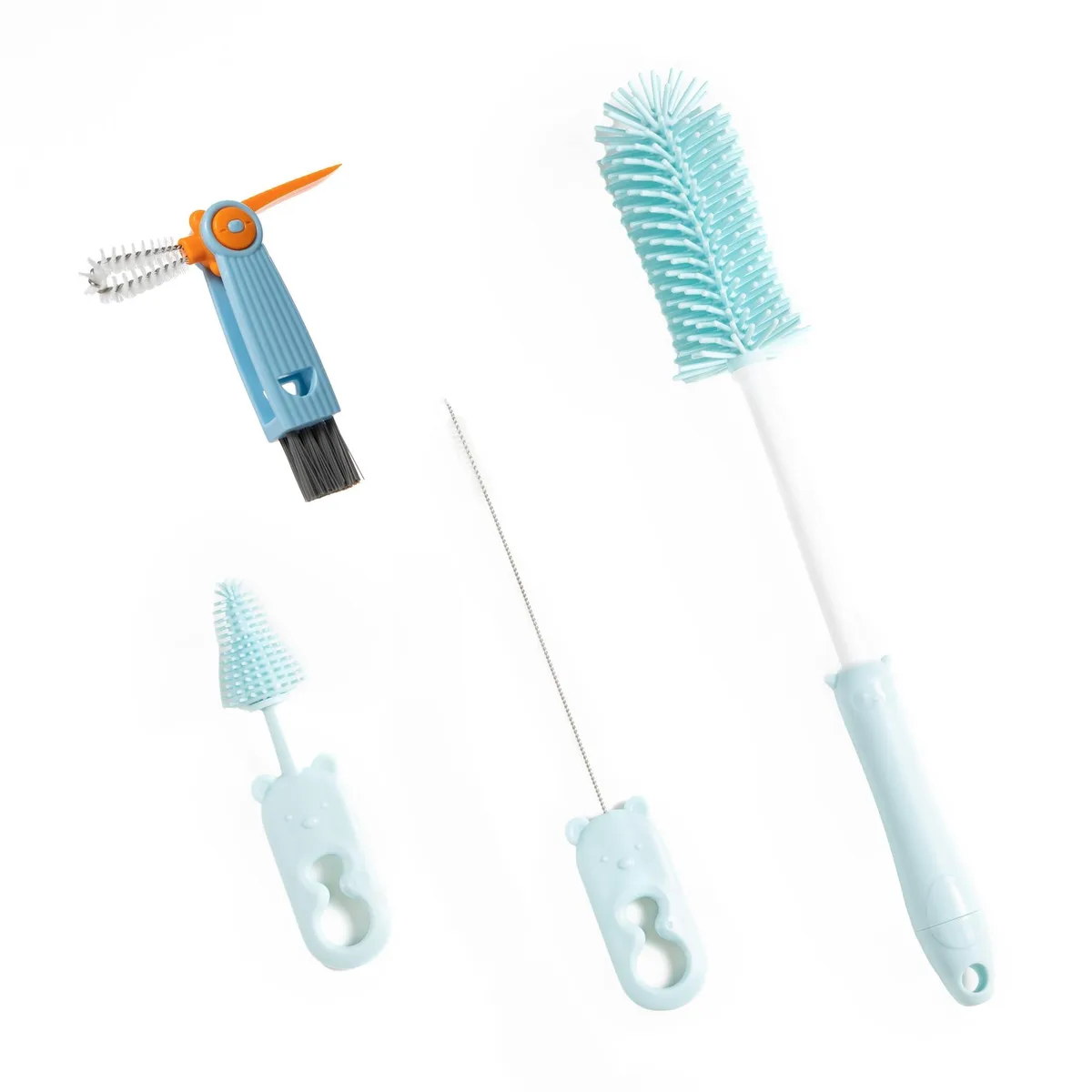 Silicone bottle cleaning kit with 13.4in long handle and multiple brush heads