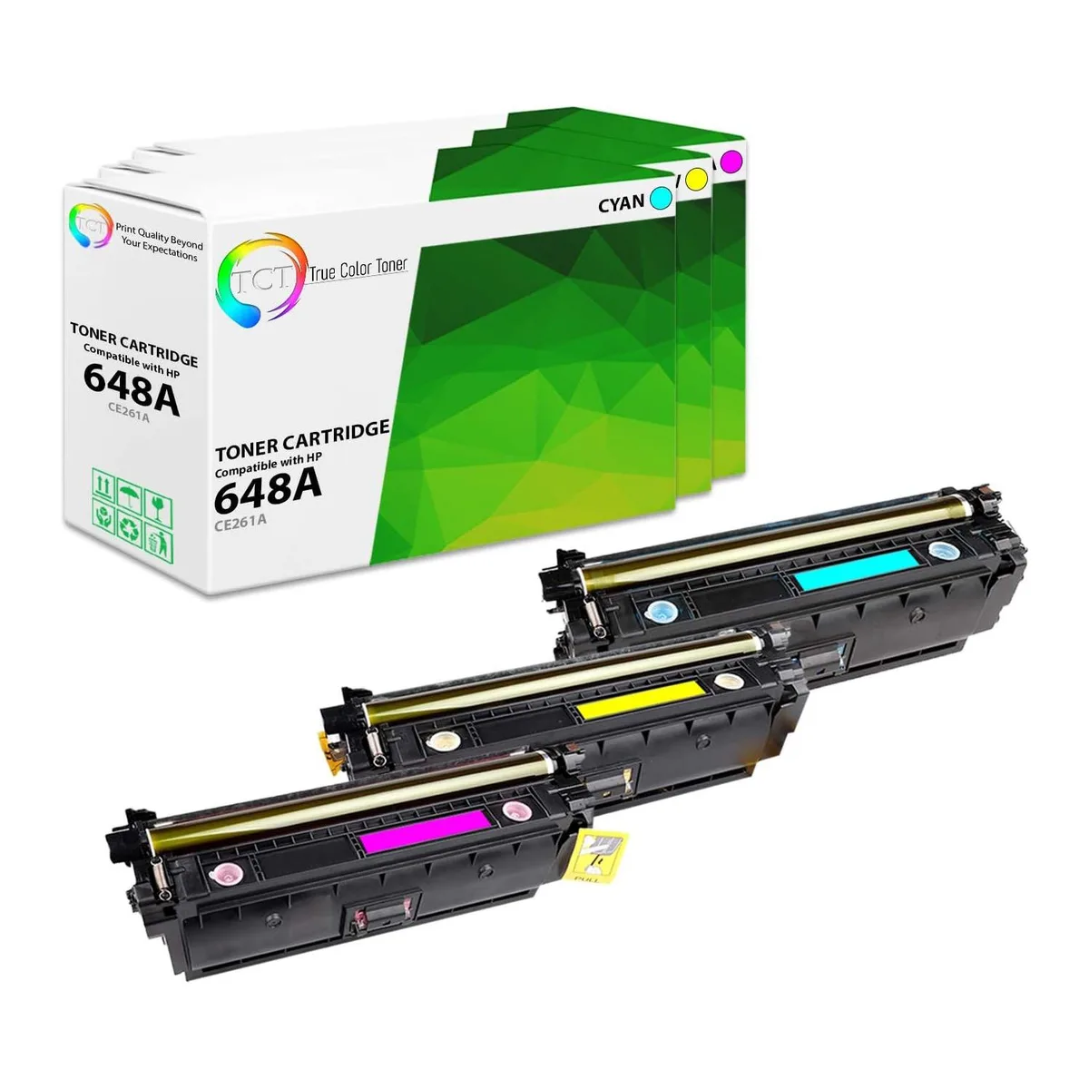 True Color Toner True Color Toner 648A 3 Pack CE261A CE262A CE263A toner cartridges — product photo