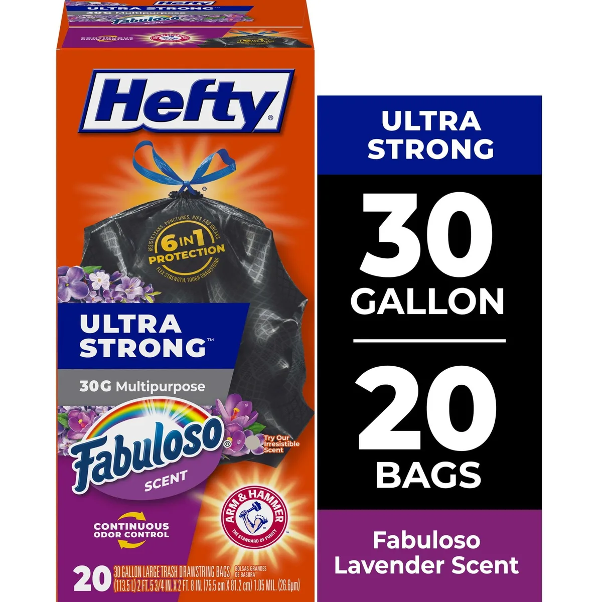 None Continuous None Continuous Hefty Ultra Strong 30 gal Trash Bags Black Fabuloso Scent 20 Count — product photo