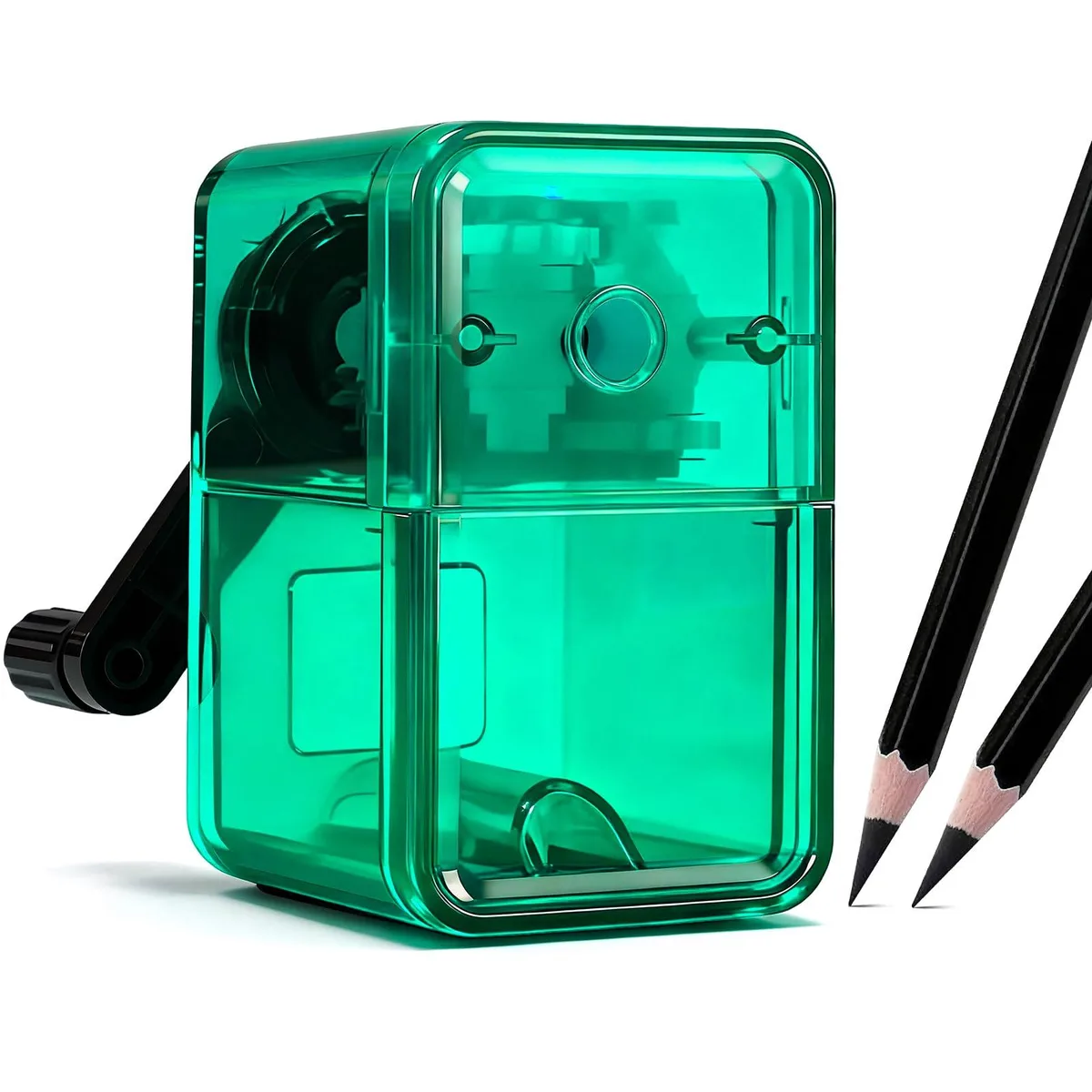 Green plastic manual pencil sharpener with hand crank and adjustable sharpness knob