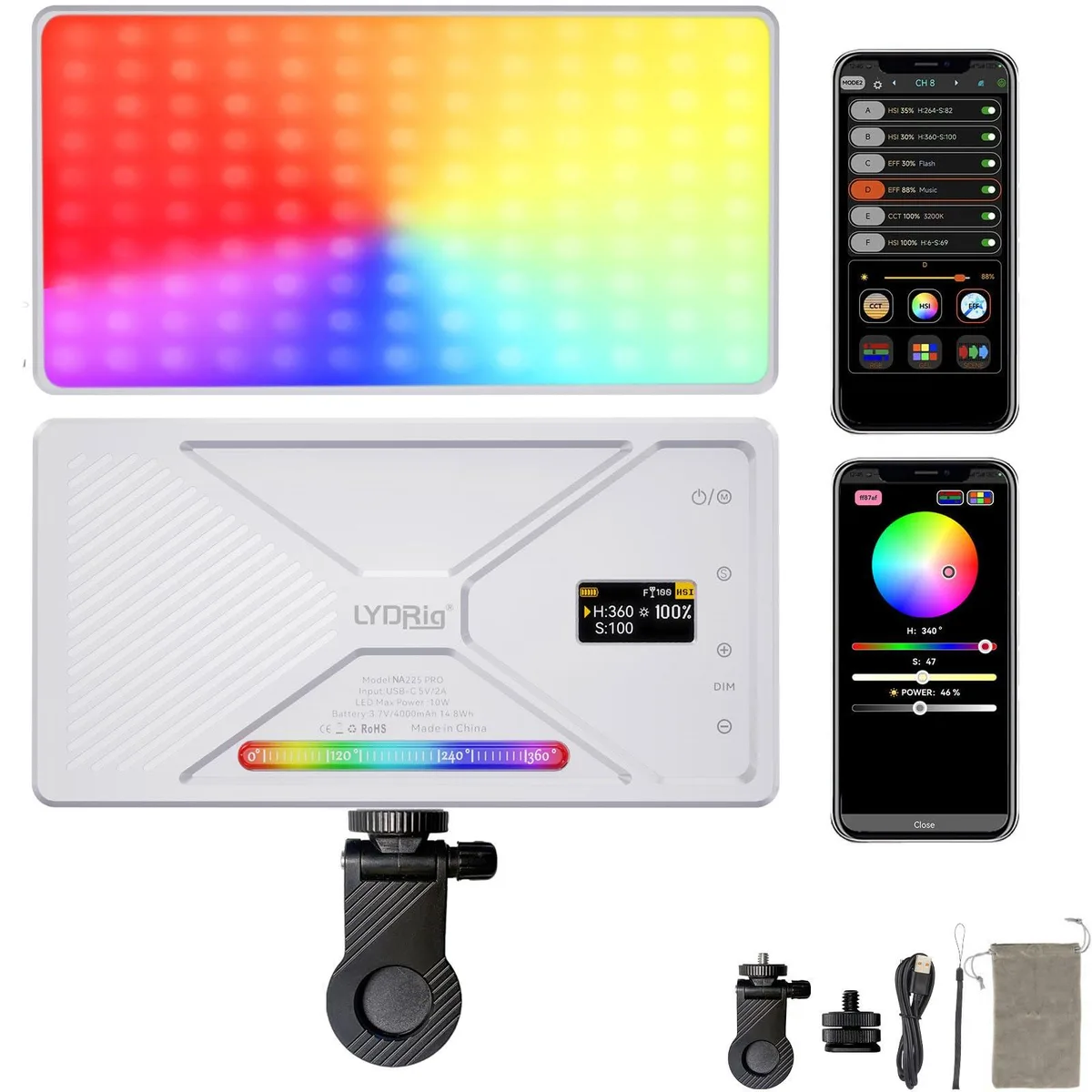  LYDRIG NA225-RGB Clip-On Light 225 LED 10W CRI97+ 4000mAh App RGB — product photo