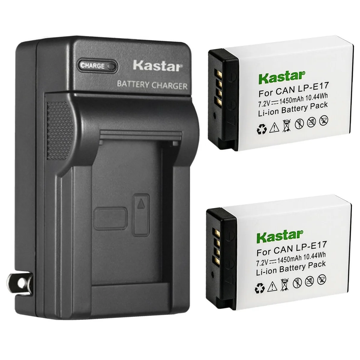 Two rectangular batteries and a compact wall charger with foldable plug