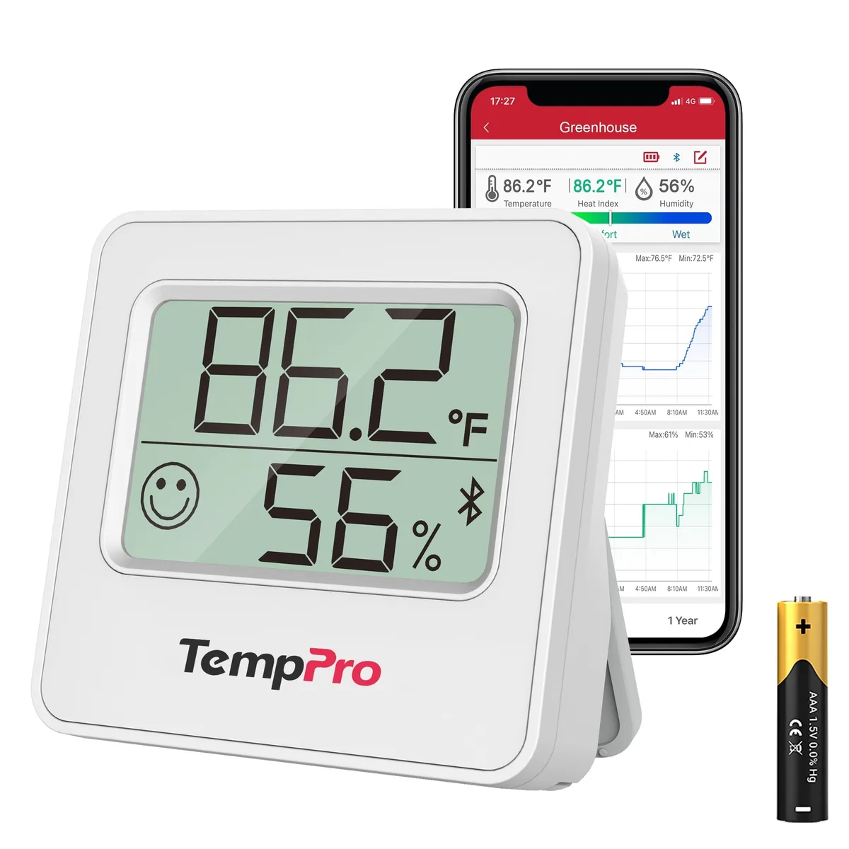 Silver square hygrometer with LCD face icons and Bluetooth range 260ft