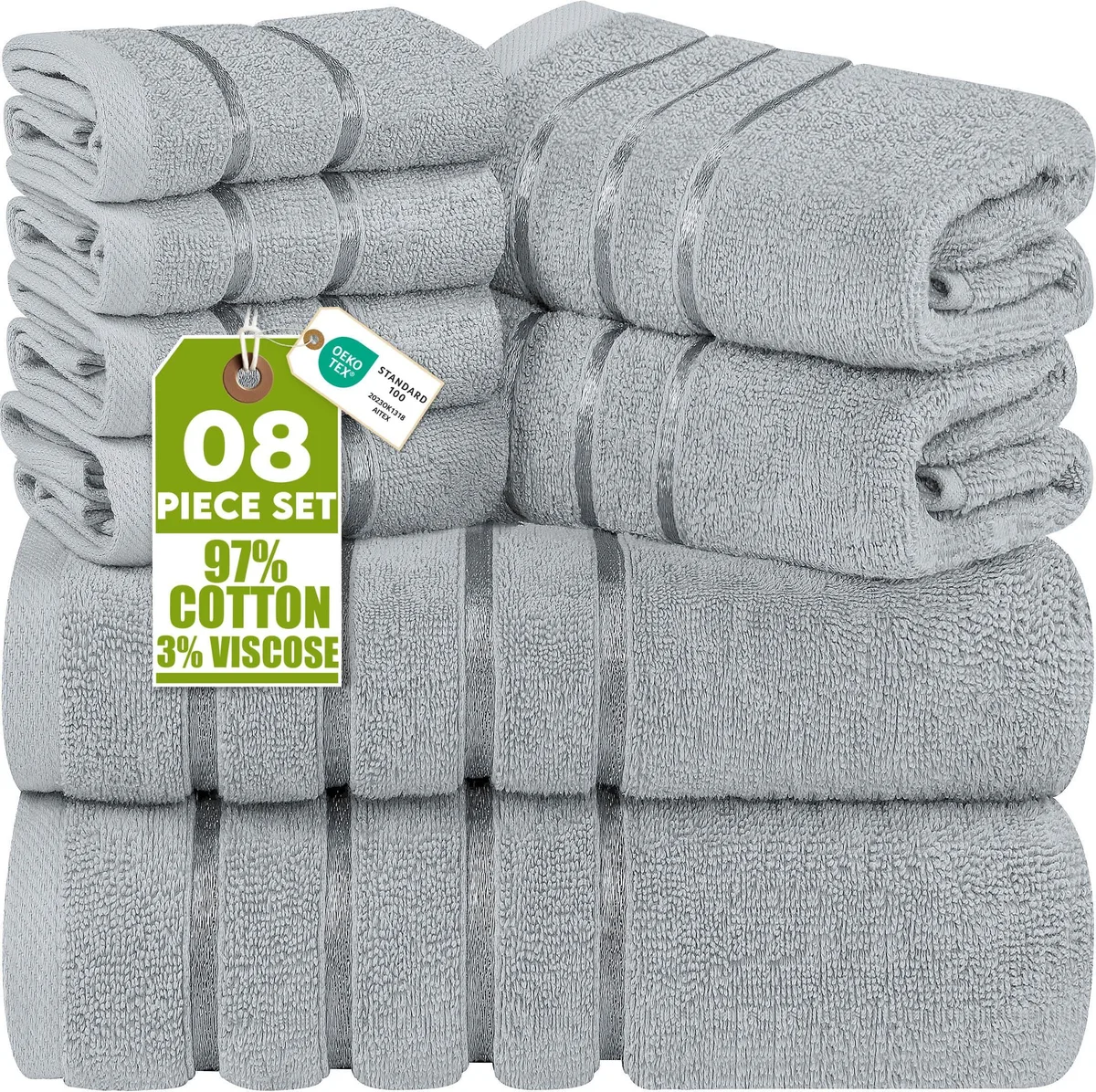 Eight-piece towel set in cool grey with viscose stripes, folded showing plush cotton texture
