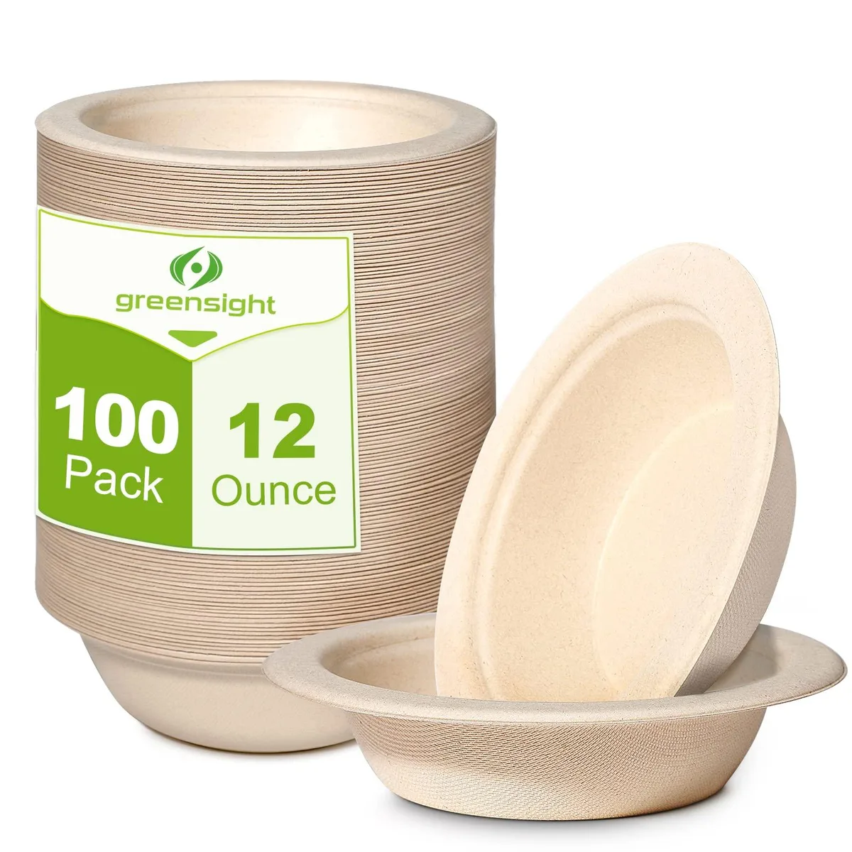 Stack of 100 round 12oz brown sugarcane-fibre bowls, matte natural finish