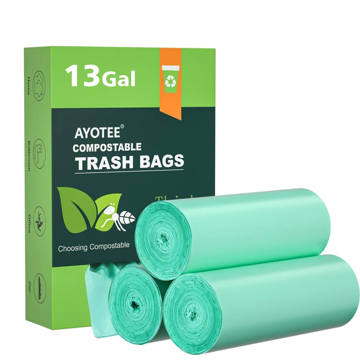Green compostable trash bag roll pack, 45 count, 13 gallon capacity