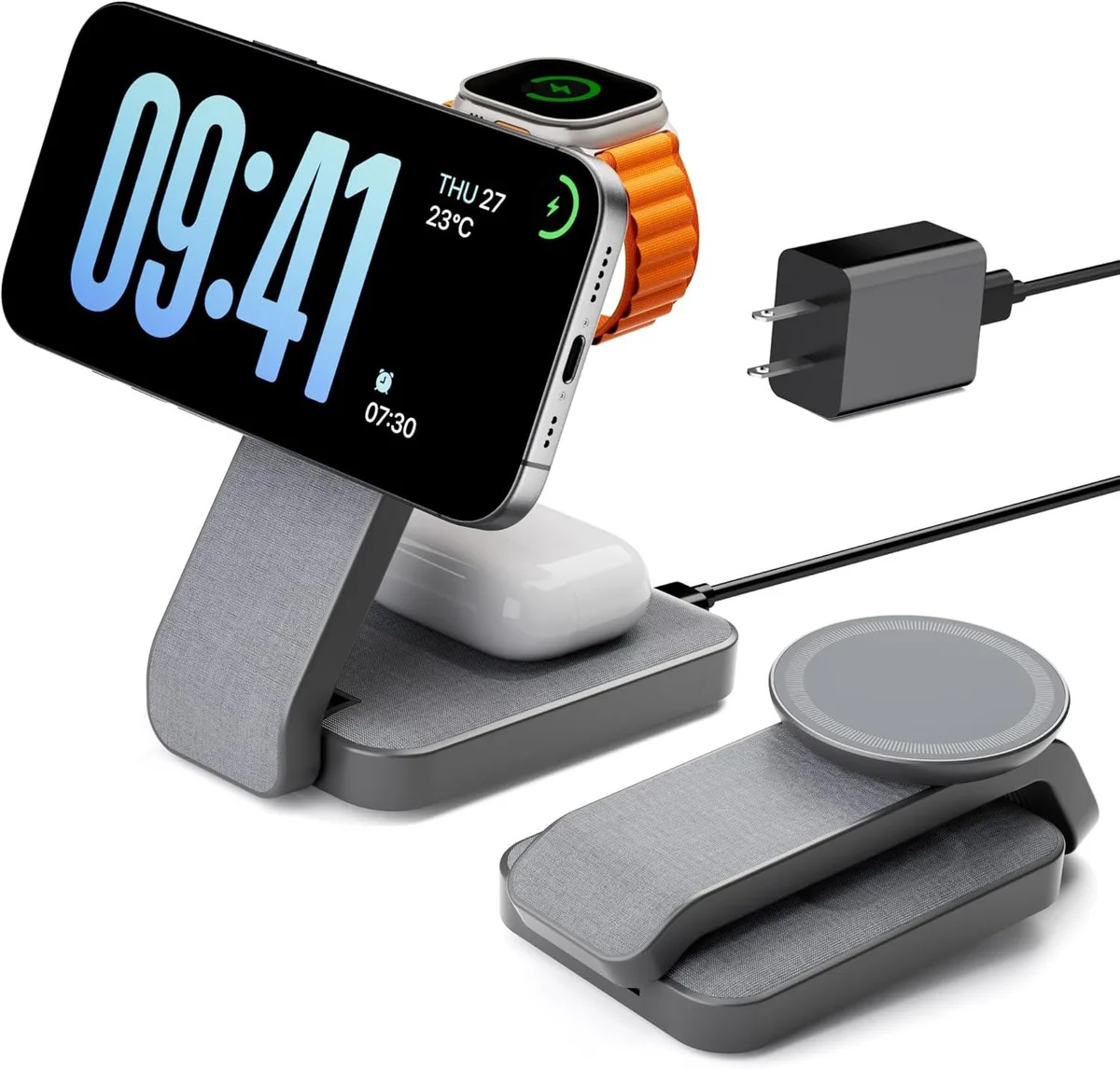 Gray foldable 3-in-1 wireless charging stand with MagSafe phone pad, watch puck, AirPods base and night light