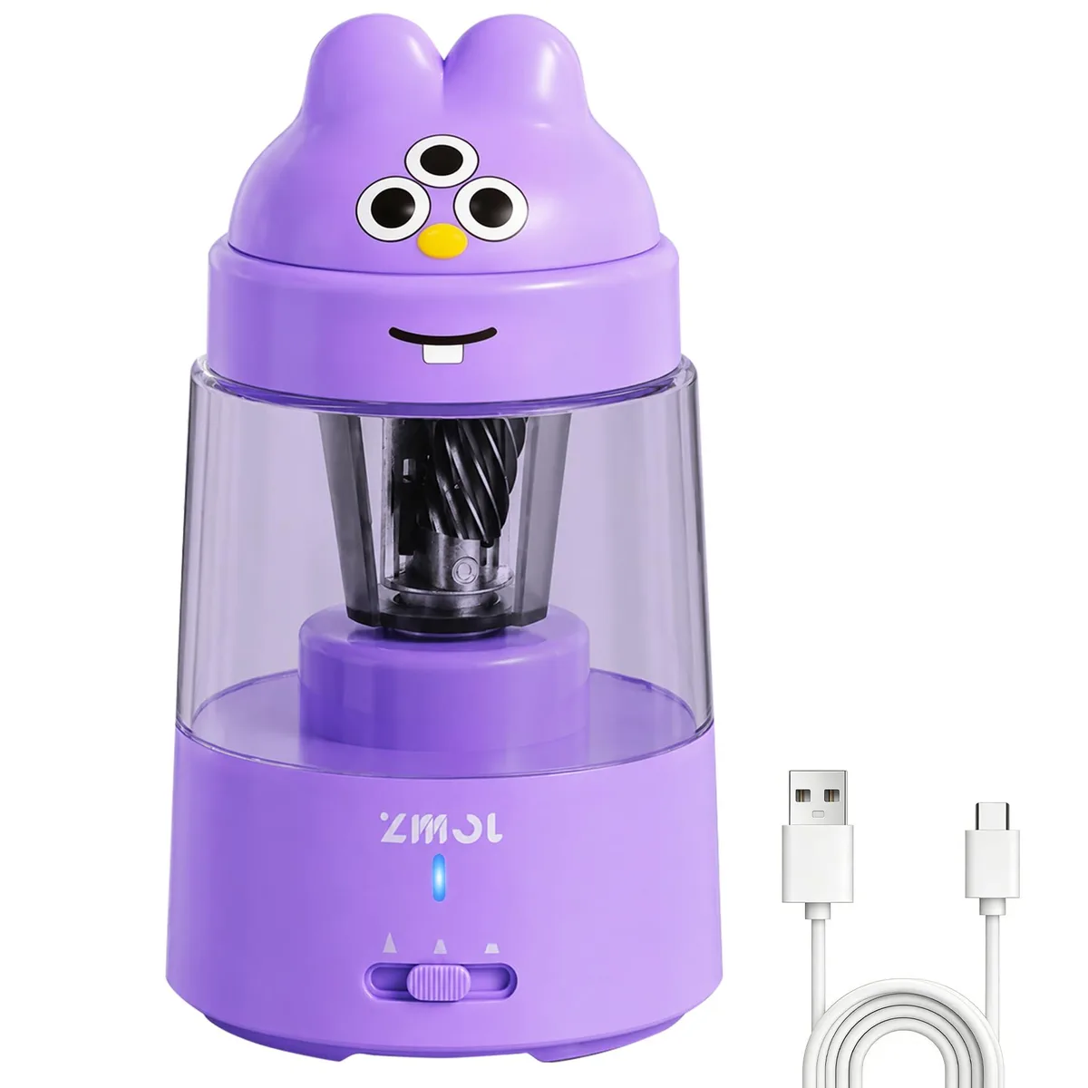 Purple bunny-shaped electric pencil sharpener with ABS housing and stainless steel blade