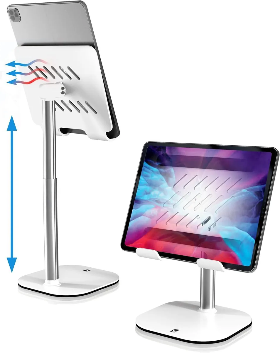 White adjustable tablet stand with telescoping rod weighted base and wide holding plate