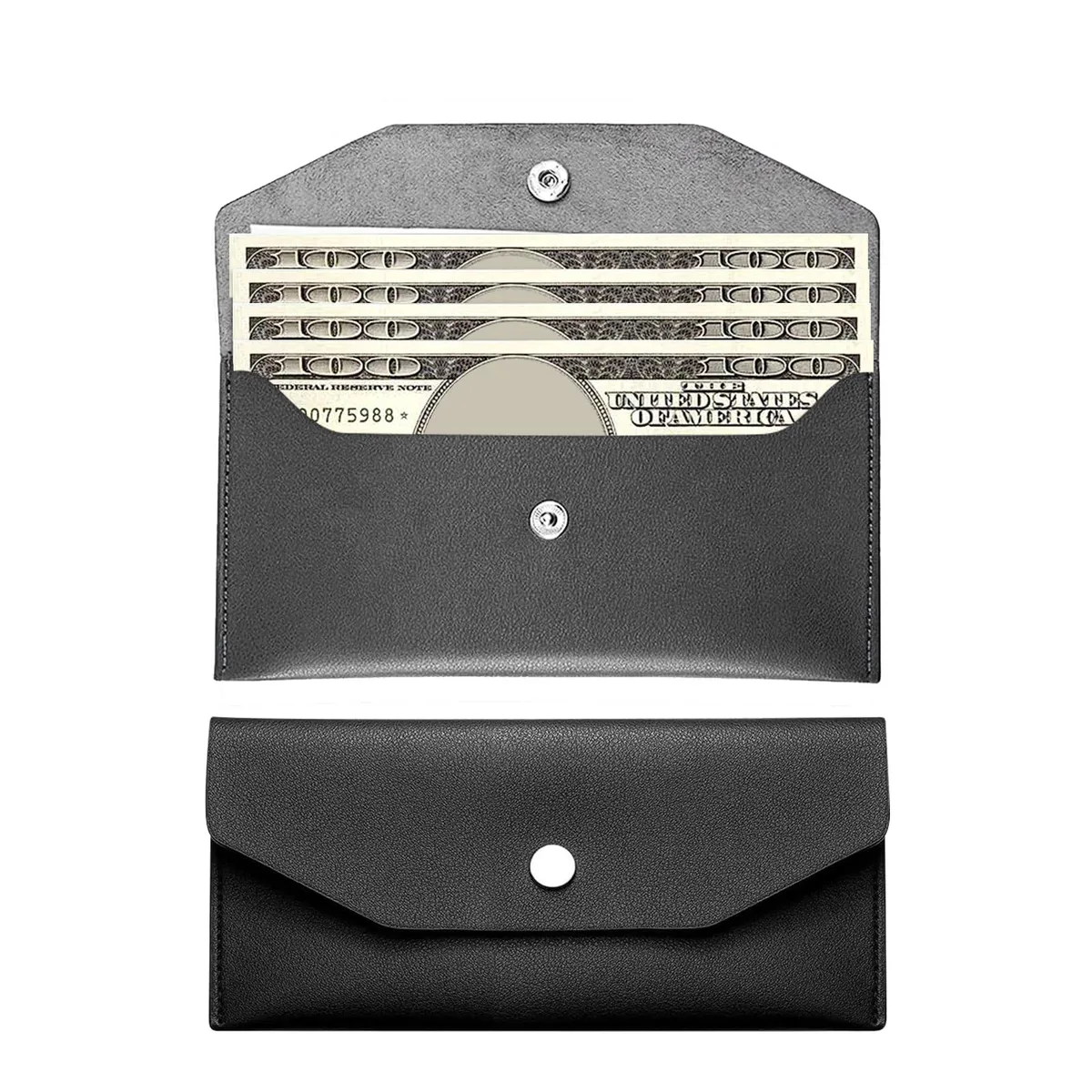 Black PU leather cash envelope wallet with clip closure, 18 by 9 cm