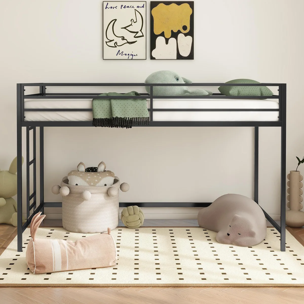 Black metal junior twin loft bed with ladder and guardrails