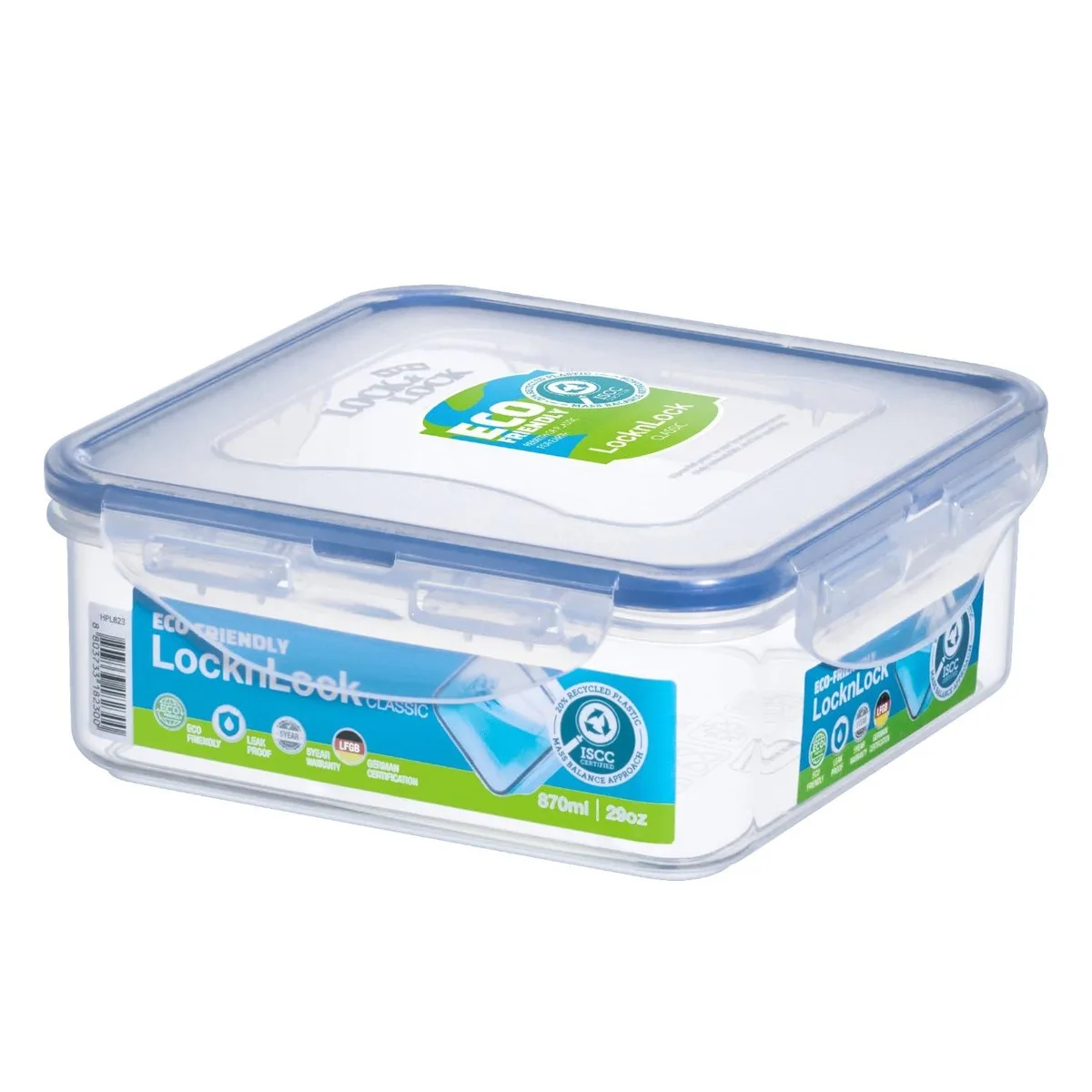 Clear square 29 oz food container with red snap-lock lid and silicone seal