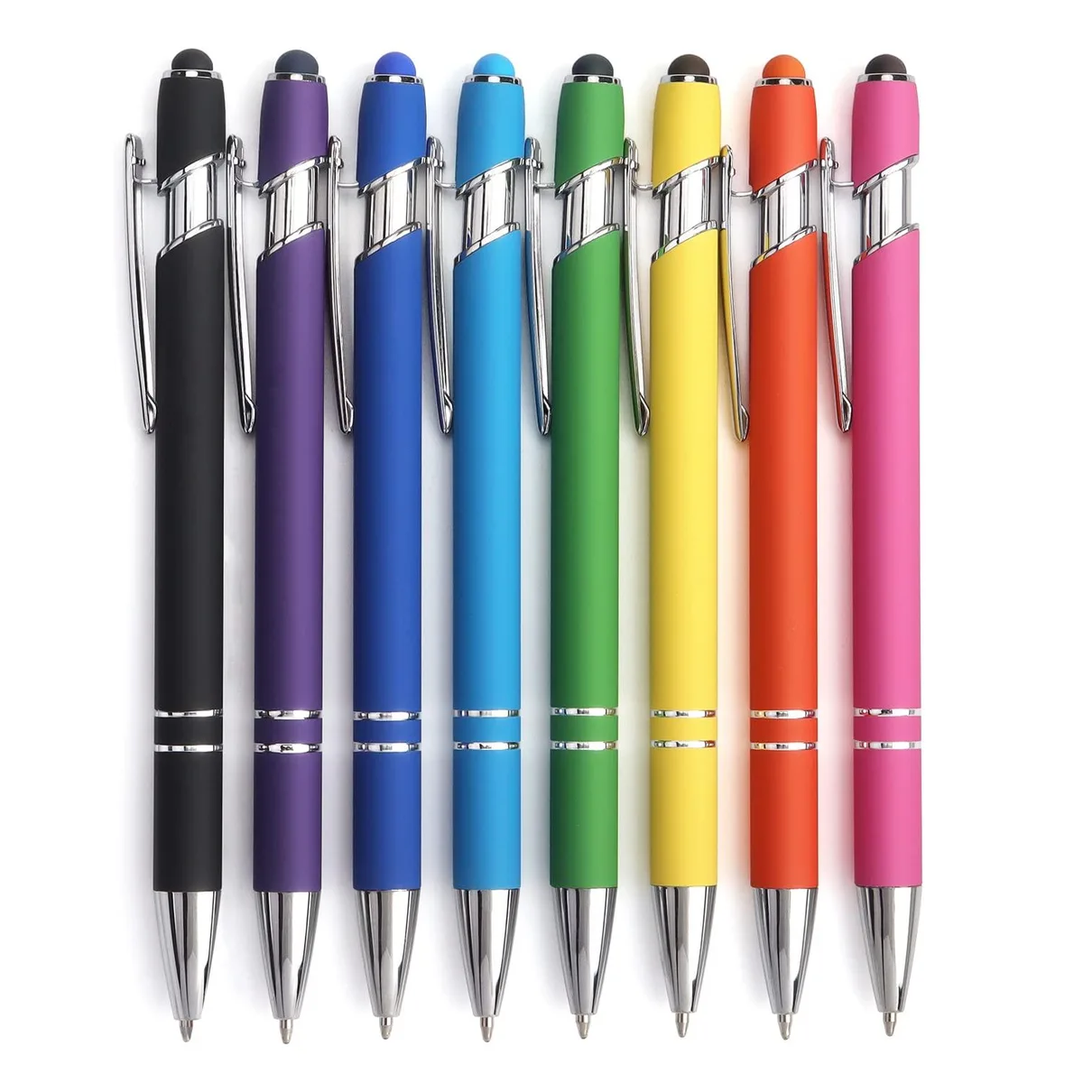Eight retractable metal stylus pens with black ballpoint tips, 1.0 mm, assorted colours