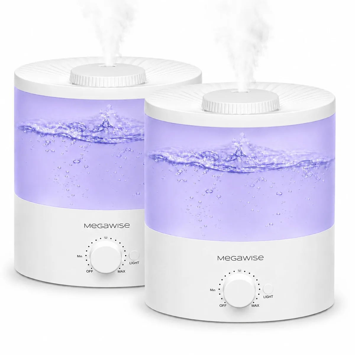Two white 2-litre cool-mist humidifiers with top-fill tanks and soft LED lighting