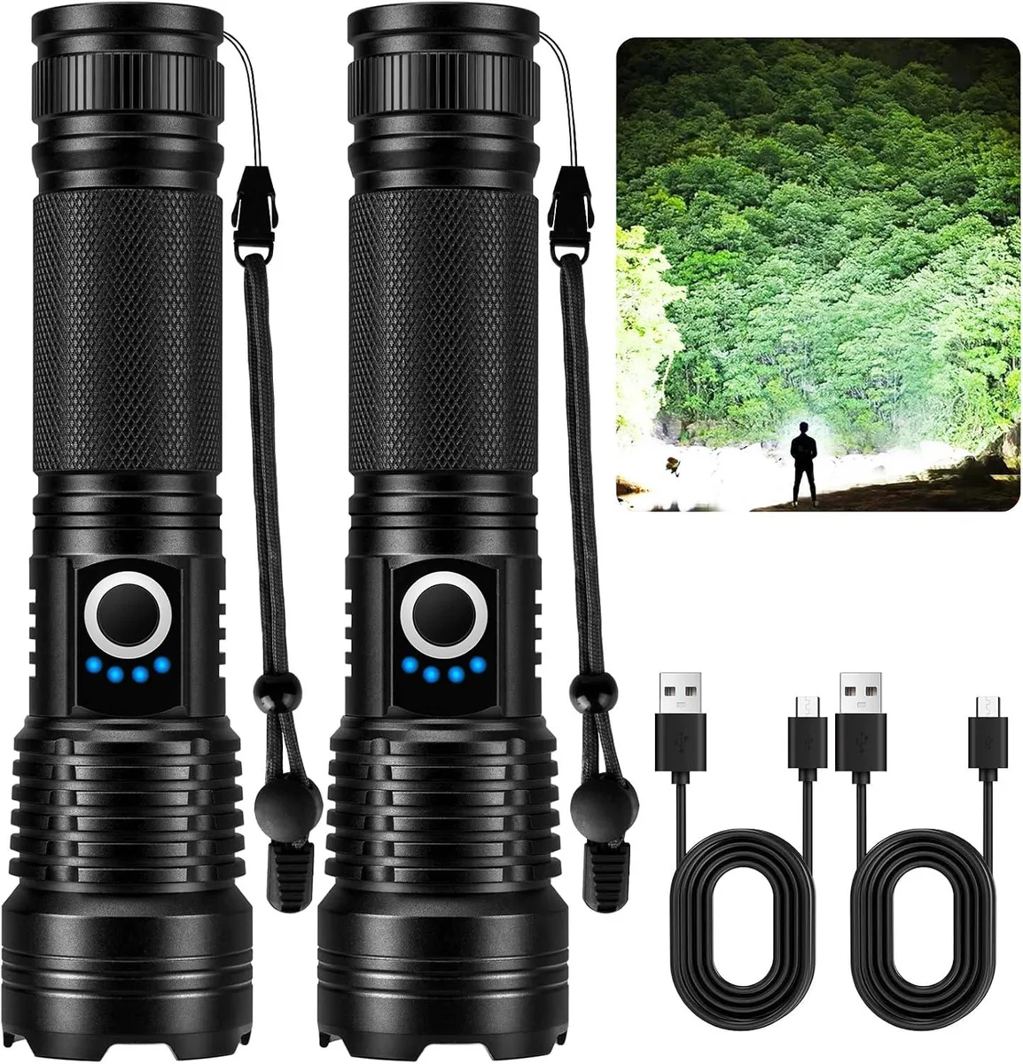 Two cylindrical flashlights with textured grip and charging port